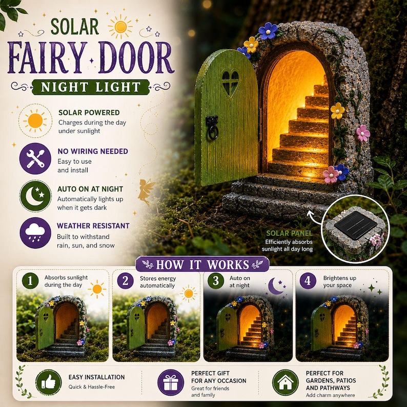 May include: A solar-powered fairy door night light featuring a green door with a heart cutout and a stone-textured archway with colorful flower accents. The interior displays illuminated stairs, and a small solar panel is visible on the top.