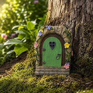 May include: A miniature arched door with a green wood-grain texture, a heart-shaped window, and a dark brown frame. The door is surrounded by a stone-textured archway decorated with small, colorful sculpted flowers and green vines.