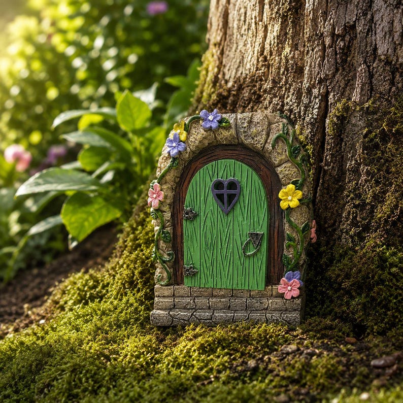 May include: A miniature arched door with a green wood-grain texture, a heart-shaped window, and a dark brown frame. The door is surrounded by a stone-textured archway decorated with small, colorful sculpted flowers and green vines.