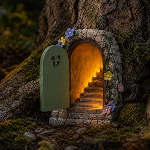 May include: A miniature arched stone doorway with a light green wooden door featuring a heart-shaped cutout. The stone frame is decorated with small blue, yellow, and pink flowers. Inside, a glowing staircase leads upward into a warm light.