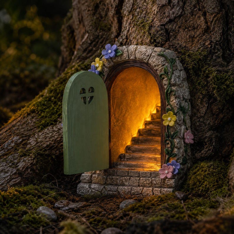 May include: A miniature arched stone doorway with a light green wooden door featuring a heart-shaped cutout. The stone frame is decorated with small blue, yellow, and pink flowers. Inside, a glowing staircase leads upward into a warm light.