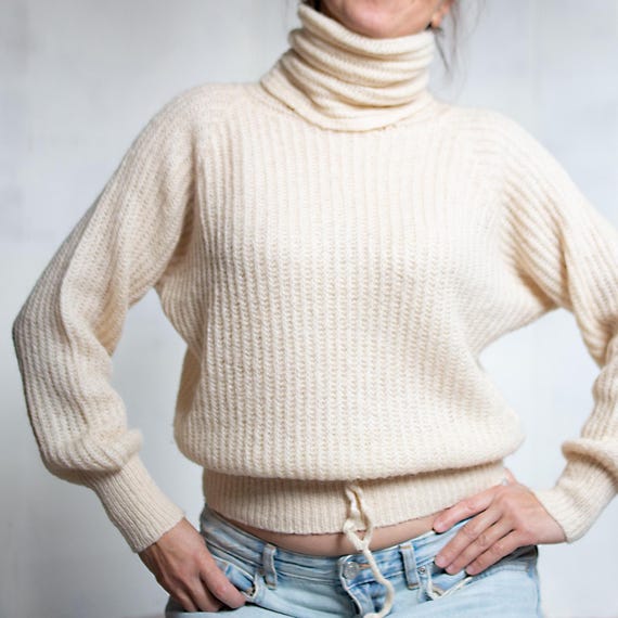Vintage 1980s Wool Cream Turtleneck Sweater With Drawstring High