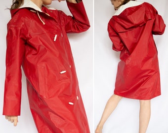 imperméable rouge vintage à capuche pour femme / Taille M