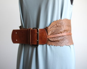 Unique and stylish vintage genuine brown soft leather women's wide belt