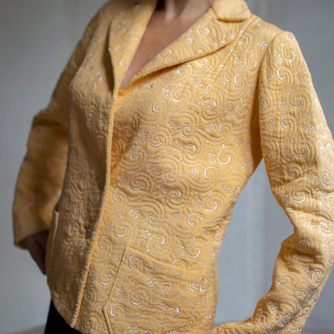 Vintage Lightly Quilted Bright Yellow Jacket With Embroidered