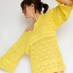 Vintage hand made crochet yellow top dress with flare long sleeve / Size medium