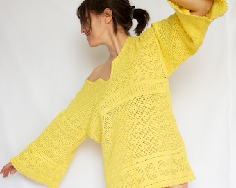 Vestido top amarillo de ganchillo hecho a mano vintage con manga larga acampanada / Tamaño mediano