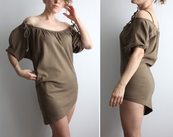 Vintage Vivienne Westwood Anglomania 1990s spaghetti strap asymmetric mini olive brown cotton dress / Size Medium