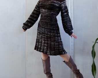 90s Vintage Knit Dress: Wool Blend Striped Balloon Sleeve, S-M