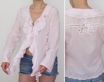 Woman's lace light pink 100% cotton casual long-sleeve V-neck shirt blouse size M