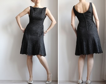 Vintage black fit and flare lace floral patterned classy midi sleeveless dress / Size M