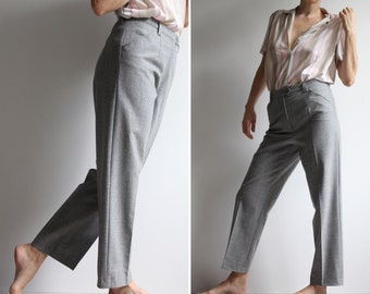 Vintage virgin wool  light gray autumn high waist ankle length women's straight basic pants / Size M UK 12