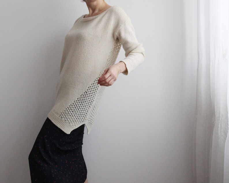 Vintage alpaca lace back see through long sleeve asymmetrical oversized white wool sweater with boat neckline