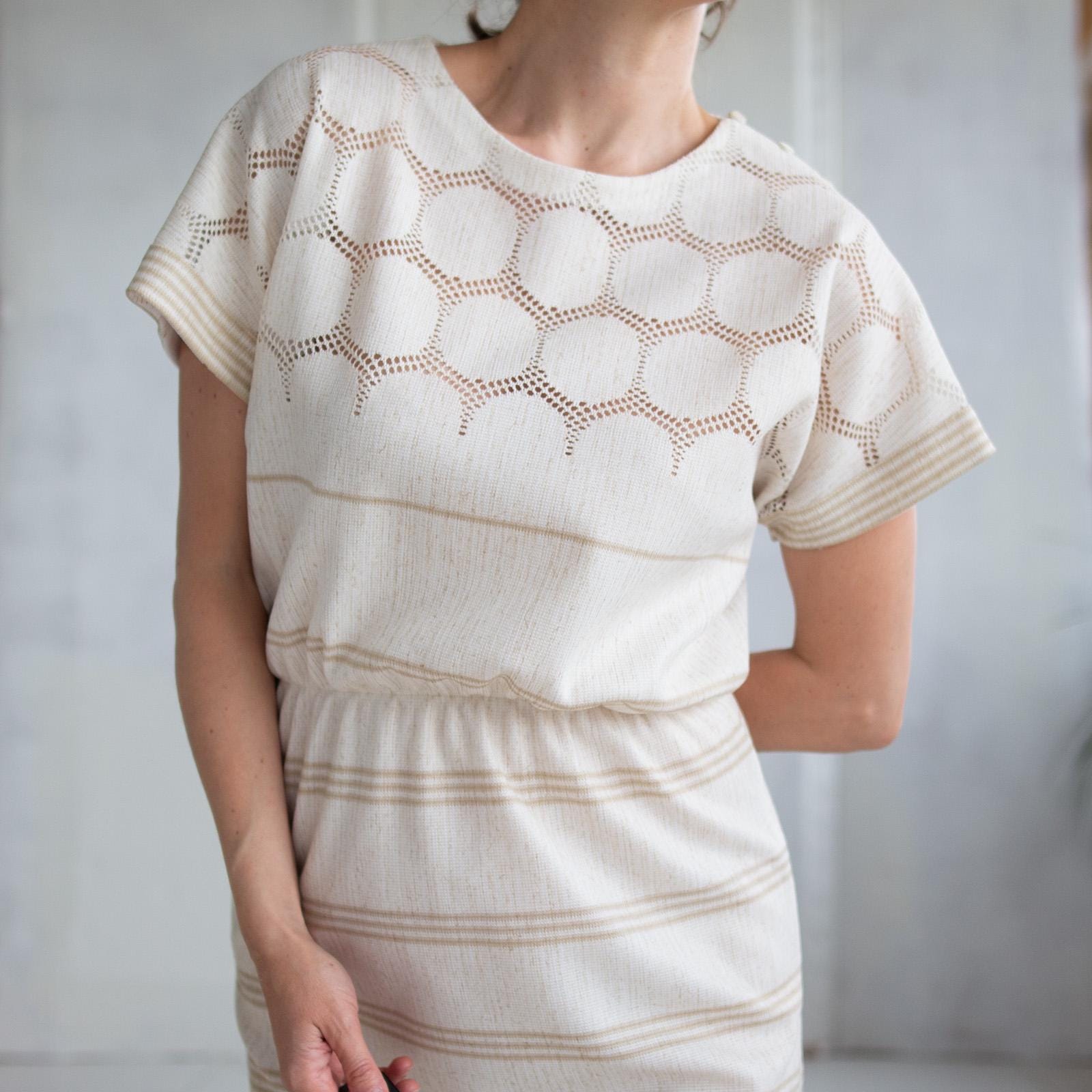 Vintage 1980s Cream Midi Dress ~ Elastic Waist ~ Geometric