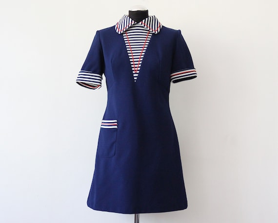 70s navy striped vintage midi dress / Short sleev… - image 1