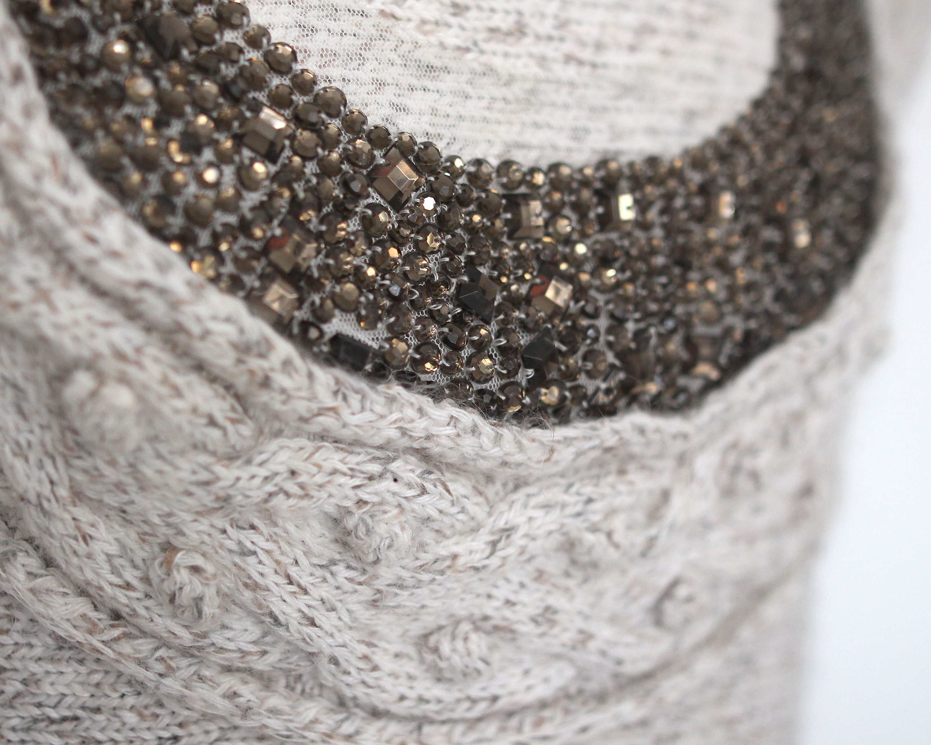 Kid Mohair Wool Hand Knitted Vest With Brown Glass Beads Round 