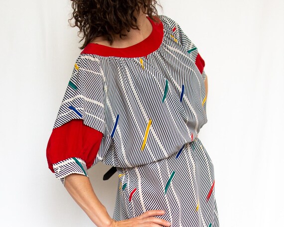 Vintage Gigi Silk Midi Dress: Striped Abstract Print, Oversize Fit
