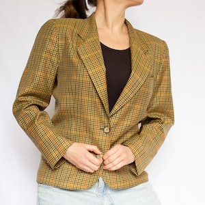 Vintage 1980s wool and silk plaid brown single-breasted shimmering jacket / Size medium