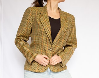 Vintage 1980s wool and silk plaid brown single-breasted shimmering jacket / Size medium