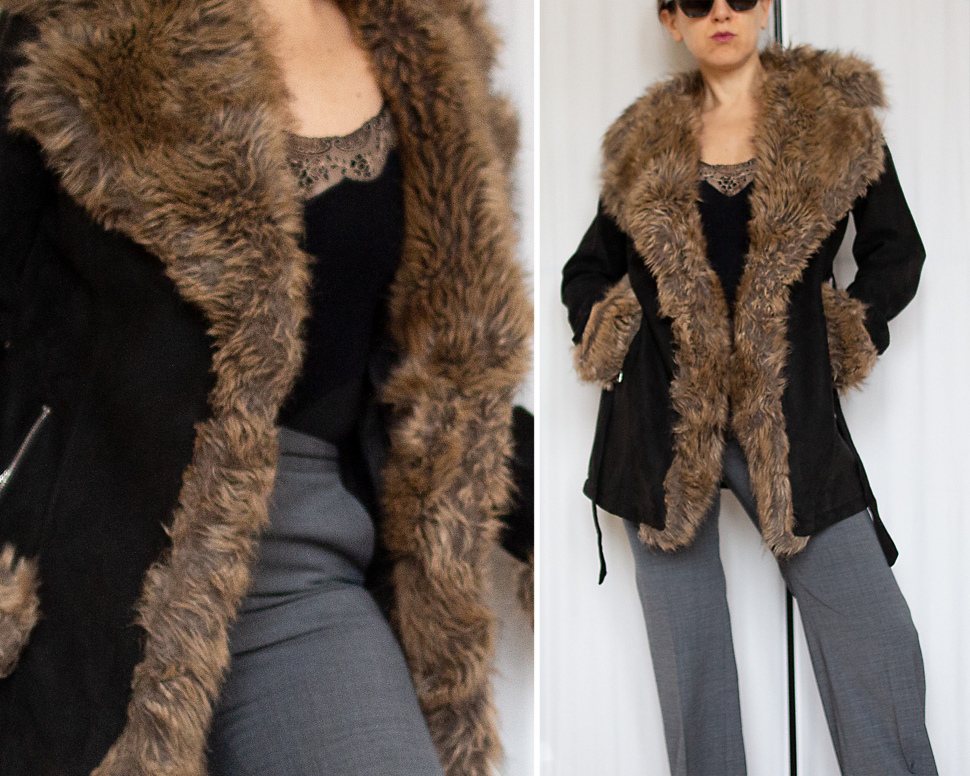 Online Vintage Store  90's Women Faux Fur Lined Coat in Brown