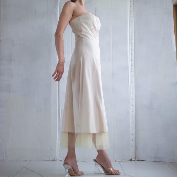Vintage 90s Cream Dress, Embroidered Satin Bodice, Tulle Hem, Size L