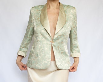 Vintage mint green and champagne brocade jacket with floral pattern / Size Medium