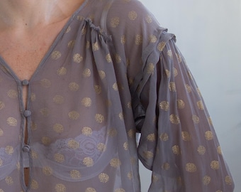 Vintage jaren 90 doorschijnende blouse met stippen, ballonmouwen, maat medium