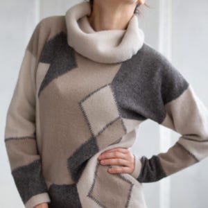 Vintage 90s Angora Warm Soft Wool Turtleneck Unisex Sweater ~ Beige Gray Geometric Knit ~ Cozy Winter Pullover ~ Canda ~ Size Large