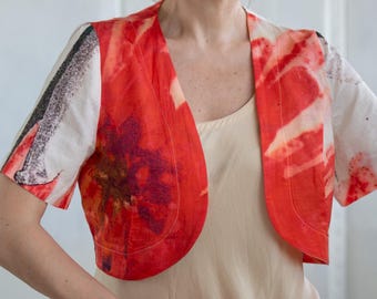 Vintage 90s Abstract Silk Cotton Bolero Jacket, Open Front