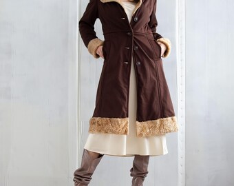 Vintage 70s Faux Fur Trim Coat, Size M