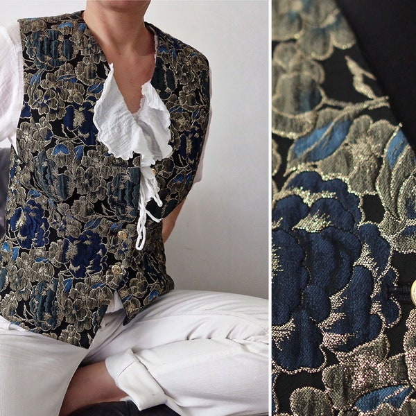 Patched gold blue floral patterned vintage bardehle bohemian tapestry vest  waistcoat for women