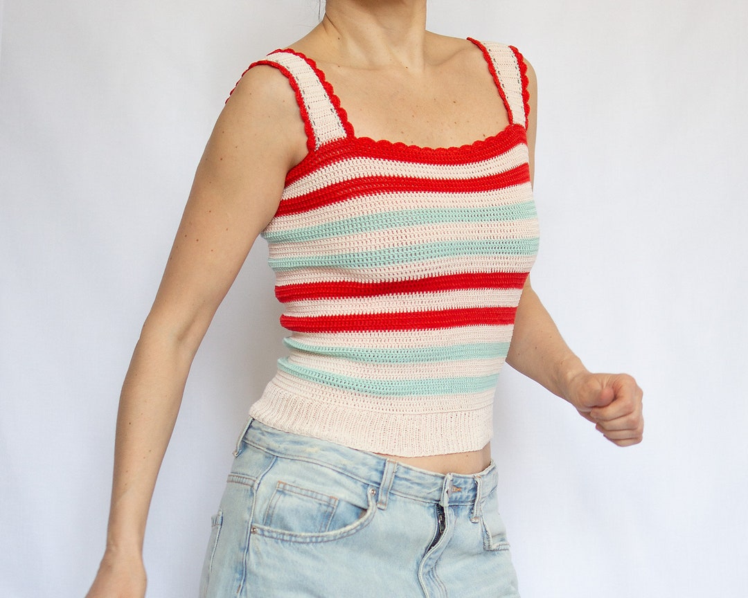 Vintage Hand Made Crocheted Crop Strappy Top With Stripes / Size Small