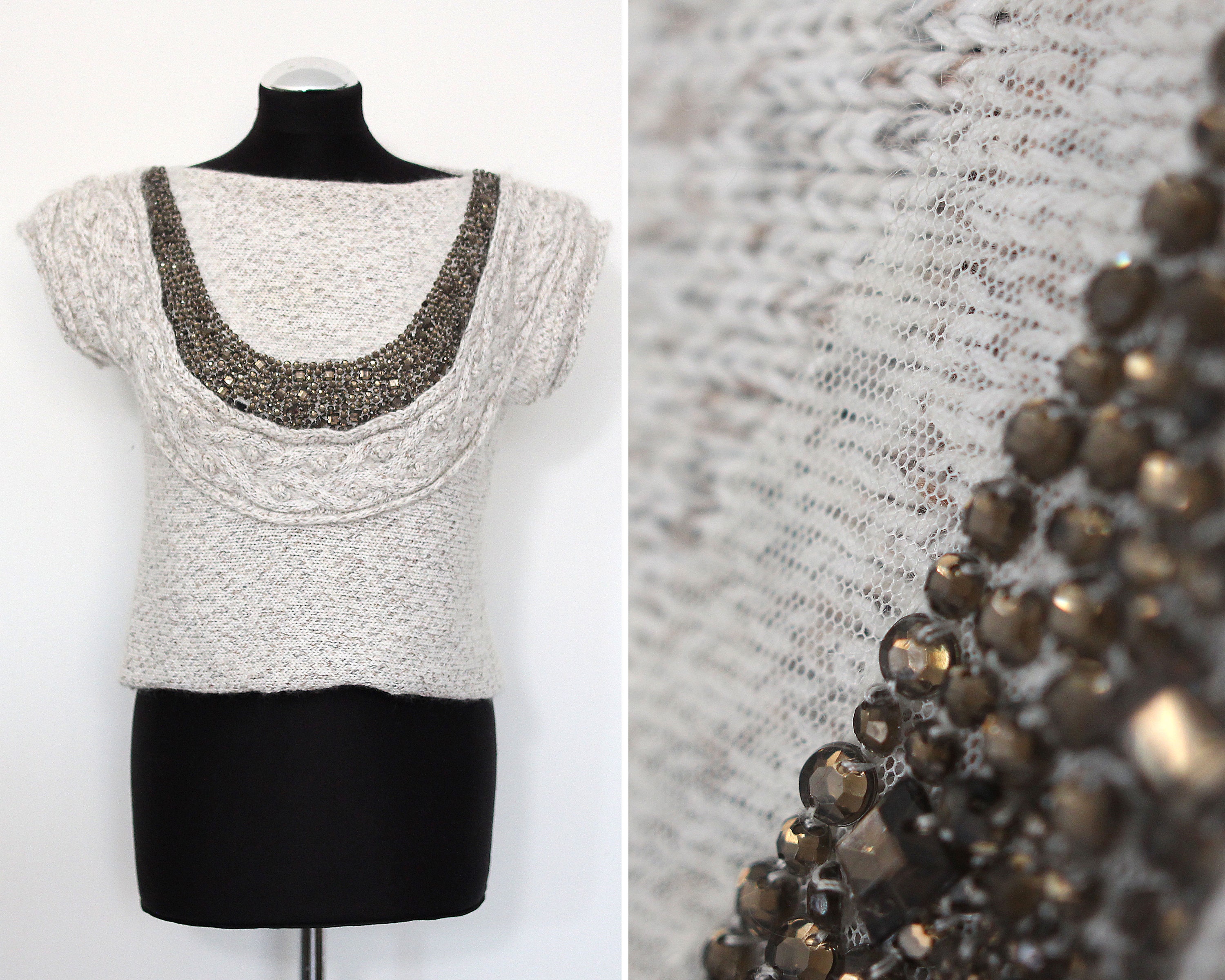 Kid Mohair Wool Hand Knitted Vest With Brown Glass Beads Round 
