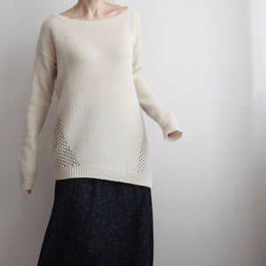 Vintage alpaca lace back see through long sleeve asymmetrical oversized white wool sweater with boat neckline