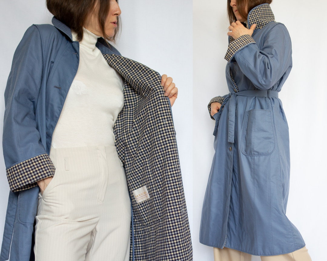 Vintage Blue Wool Women's Trench Coat With Checkered Inlay and Large ...