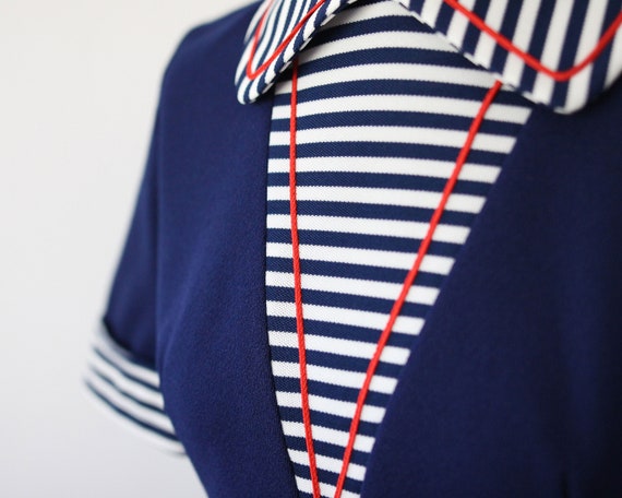 70s navy striped vintage midi dress / Short sleev… - image 2