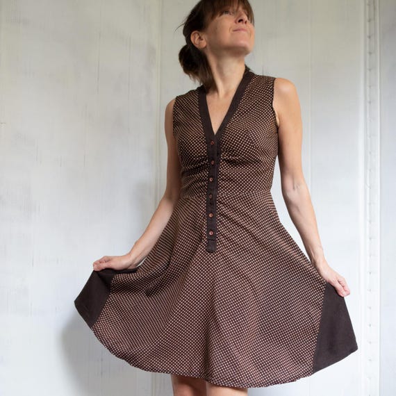 brown polka dot sleeveless dress The Connect The Dots Sleeveless Mini Dress Medium / Brown main image 1
