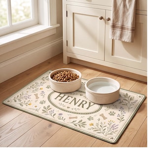 Peut inclure: Un tapis de nourriture pour animal de forme rectangulaire avec une surface crème ornée de motifs floraux, d'empreintes de pattes et d'os. Le nom HENRY est inscrit en lettres sombres dans un ovale central. Deux bols en céramique sont posés.