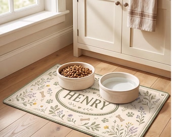 Personalized Pet Food Mat, Custom Dog Cat Feeding Mat, Farmhouse Botanical Pet Placemat, Floral Paw Print Bowl Mat, Custom Name Pet Gift