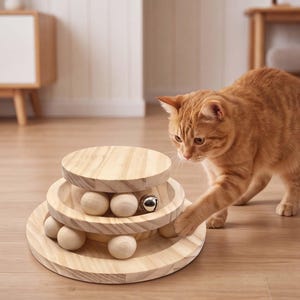 May include: A three-tiered wooden cat toy featuring circular platforms stacked in a pyramid shape. The toy includes several smooth wooden spheres and one shiny silver metal bell ball nestled within the tracks for interactive play.