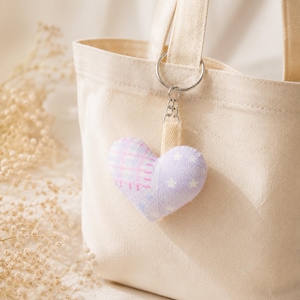 Handmade Heart Bag Charm, Pastel Keychain, Patchwork Purse Accent, Backpack Decor, Zipper Pull, Teen Locker Accessory, Comfort Token,