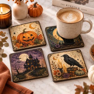 Może przedstawiać: Zestaw czterech kwadratowych podkładek z ilustracjami o tematyce Halloween: dynia z jesiennymi liśćmi, czarny kot pod półksiężycem, nawiedzony dom w nocy oraz czarny kruk siedzący na książkach z zapalonymi świecami i dynią.