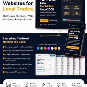 May include: A digital landing page template for local trades businesses, featuring a dark-themed website layout with yellow accents, mobile view mockups, and a list of features including a visual editor, responsive design, and no monthly fees.