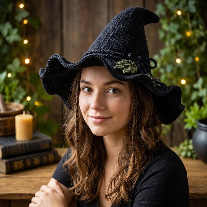 May include: A dark navy blue crocheted witch hat featuring a wide, wavy brim and a pointed crown. The hat is adorned with a decorative dark navy cord tied in a bow, a small green crocheted leaf accent, and a string of dark beads on the side.