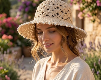 Bloom Lace Sun Hat Crochet Pattern PDF, Crochet Summer Sun Hat  PDF ,DIY  Lace Bucket Hat, Crochet Beaded Brim Hat