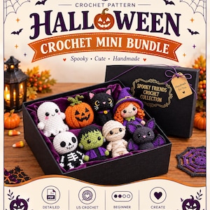 May include: A crochet pattern bundle featuring a black gift box filled with eight small crocheted Halloween figures including a ghost, pumpkin, black cat, witch, skeleton, Frankenstein monster, mummy, and bat, with text reading Halloween Crochet Mini Bundle.