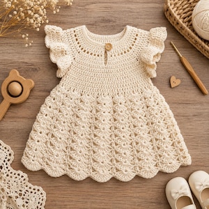May include: A cream-colored crochet dress featuring flutter sleeves, a round neckline with a single wooden button closure, and a textured fan-stitch pattern on the skirt. The garment is crafted with intricate yarn work and a scalloped hemline.