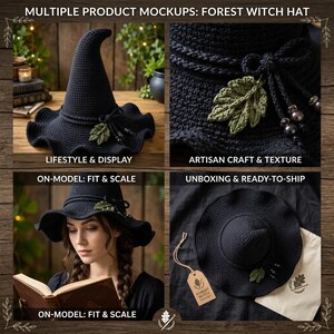 May include: A black crocheted witch hat featuring a wide, wavy brim and a pointed crown. The hat is adorned with a braided cord, dark beads, and a textured green leaf embellishment. The set includes a branded tag and a fabric storage bag.