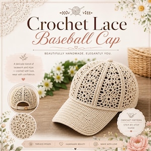 May include: A beige baseball cap featuring an intricate crochet lace pattern with a structured brim and a circular crown. The cap includes a small wooden button detail on the back strap. The text Crochet Lace Baseball Cap is visible.