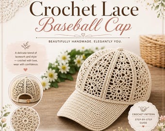 Crochet Lace Baseball Cap Pattern PDF|Crochet Lace Baseball Cap Pattern PDF|Adult Baseball Cap Digital Download|